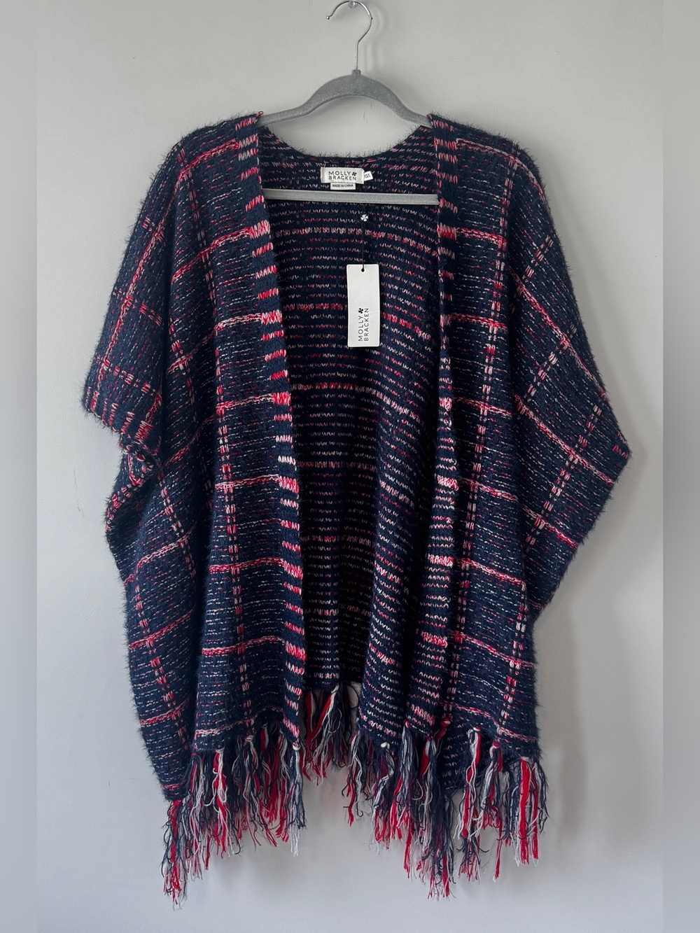 Molly Bracken Open-Front Plaid Cardigan Poncho Size XS/S NWT